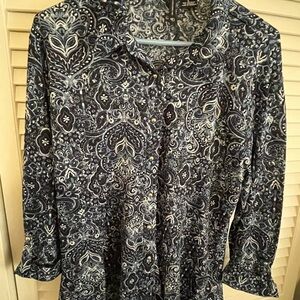 New Directions Navy and White Paisley Button Down Shirt